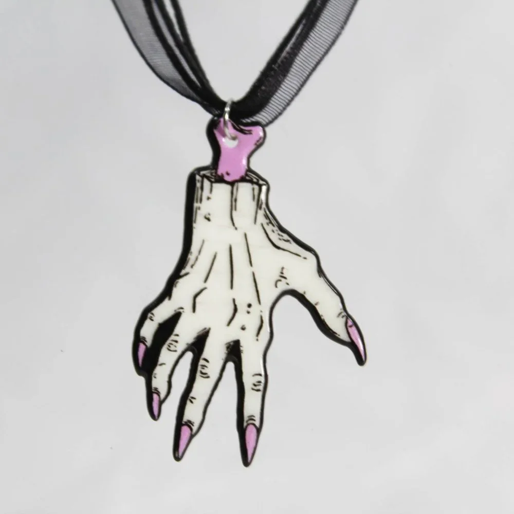 Pastel Goth Hand Charm Black 3 Tier Ribbon Waxed Cord Necklace